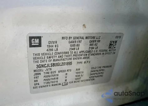 2016 Chevrolet Trax 1Lt from USA, damaged, VIN 3GNCJLSB0GL201895